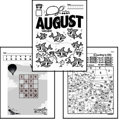 Preschool Warmup Pages, Tracing and Writing, and Math Challenges for August