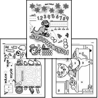 Preschool Warmup Pages, Tracing and Writing, and Math Challenges for January