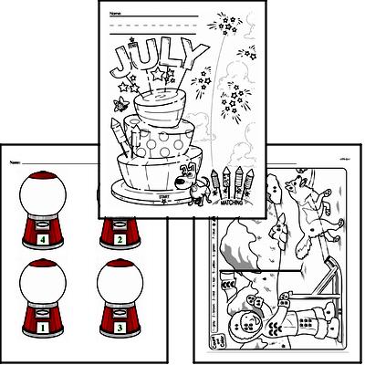 Preschool Warmup Pages, Tracing and Writing, and Math Challenges for July