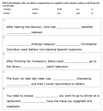 Coordinating Conjunctions Worksheets