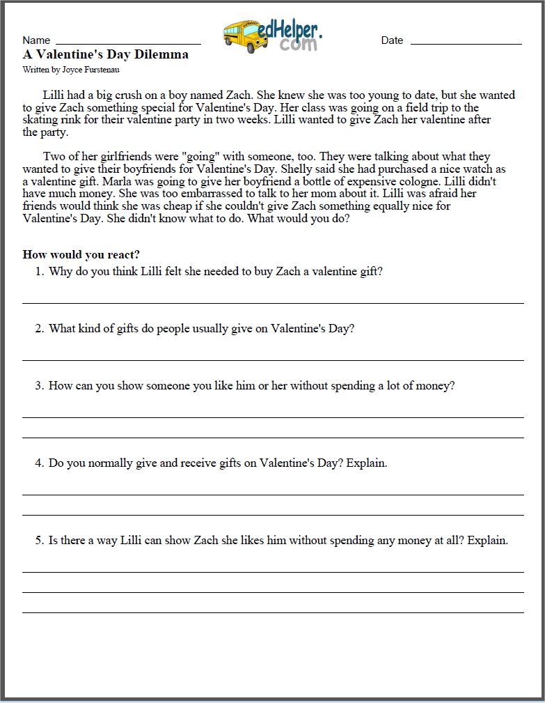 Valentine's Day Worksheets: Free PDF Printables | edHelper.com