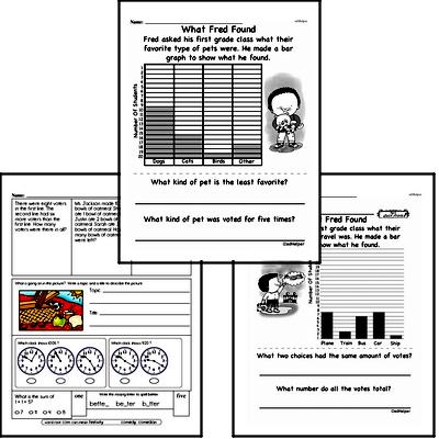 Data - Data Word Problems Mixed Math PDF Workbook for First Graders
