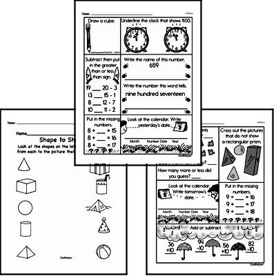 Geometry - 3D Shapes Mixed Math PDF Workbook for First Graders