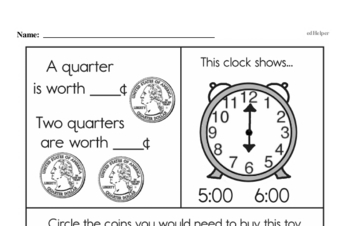 Money Math - Quarters Mixed Math PDF Workbook for First Graders