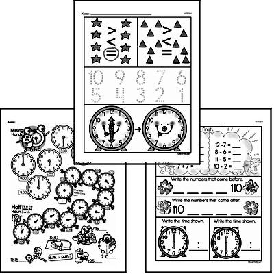 Time - Time to the Half-Hour Mixed Math PDF Workbook for First Graders