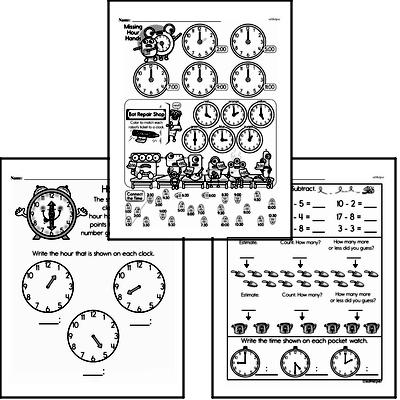 Time - Time to the Hour Mixed Math PDF Workbook for First Graders
