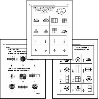 Fractions - Fractions and Parts of a Set Mixed Math PDF Workbook for Second Graders