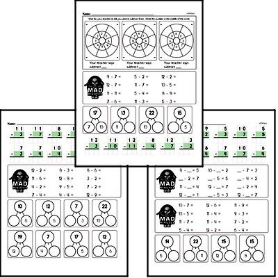 Mad Minute Timed Subtraction Math Drill Pages for Second Graders (Subtraction of -2 to -12)
