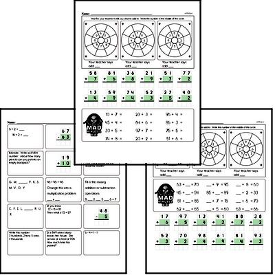 Mad Minute Timed Addition Math Drill Pages for Third Graders (2-digits plus 1-digit)