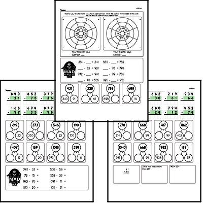 Subtraction Facts Mad Minute Worksheets (subtraction of 2-digits from 3-digits)