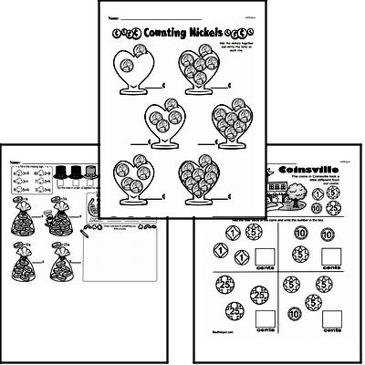 Money Math - Adding Groups of Coins Mixed Math PDF Workbook for Kindergarten