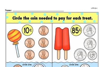 Kindergarten Money Math Worksheets - Adding Money Worksheet #3