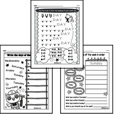 Time - Days, Weeks and Months on a Calendar Mixed Math PDF Workbook for Kindergarten