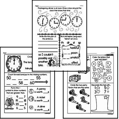 Time - Time to the Hour Mixed Math PDF Workbook for Kindergarten