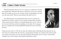 Print <i>Chile - Culture: Pablo Neruda</i> reading comprehension.