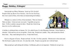 Print <i>Happy Holiday, Ethiopia!</i> reading comprehension.