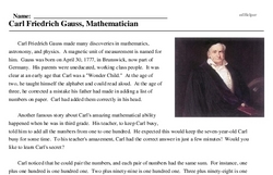 Print <i>Carl Friedrich Gauss, Mathematician</i> reading comprehension.