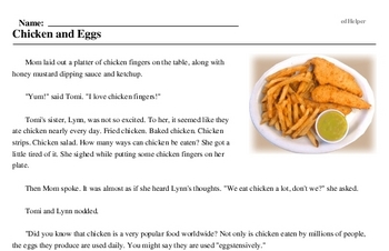 Print <i>Chicken and Eggs</i> reading comprehension.