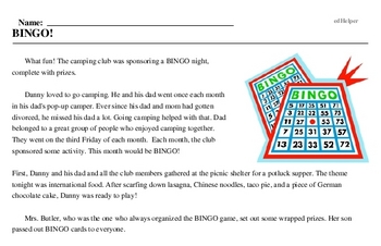 Print <i>BINGO!</i> reading comprehension.