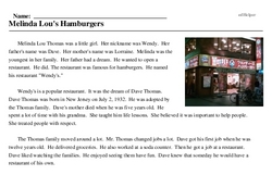 Print <i>Melinda Lou's Hamburgers</i> reading comprehension.