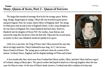Print <i>Mary, Queen of Scots, Part 2 - Queen of Sorrows</i> reading comprehension.