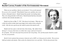 Print <i>Rachel Carson, Founder of the Environmental Movement</i> reading comprehension.