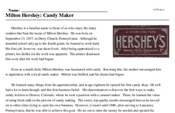 Print <i>Milton Hershey: Candy Maker</i> reading comprehension.