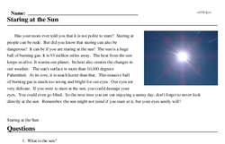 Print <i>Staring at the Sun</i> reading comprehension.