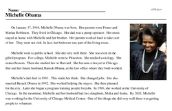Print <i>Michelle Obama</i> reading comprehension.