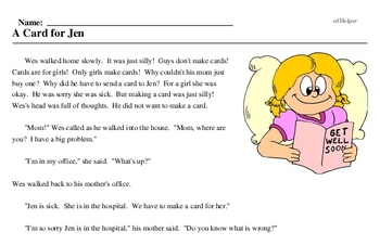Print <i>A Card for Jen</i> reading comprehension.