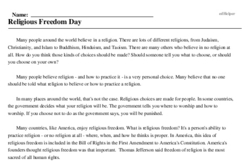 Print <i>Religious Freedom Day</i> reading comprehension.