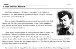 Print <i>A Teen at Pearl Harbor</i> reading comprehension.