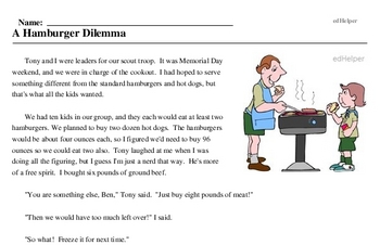 Print <i>A Hamburger Dilemma</i> reading comprehension.