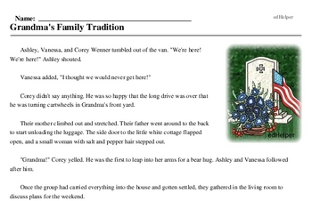 Print <i>Grandma's Family Tradition</i> reading comprehension.