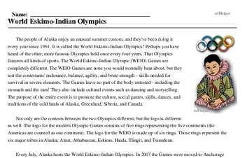 Print <i>World Eskimo-Indian Olympics</i> reading comprehension.