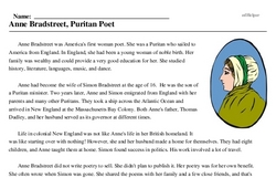 Print <i>Anne Bradstreet, Puritan Poet</i> reading comprehension.