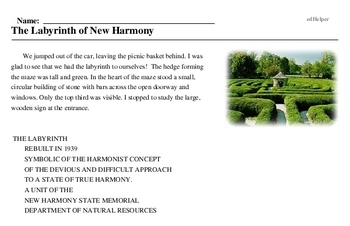 Print <i>The Labyrinth of New Harmony</i> reading comprehension.