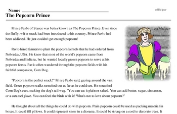 Print <i>The Popcorn Prince</i> reading comprehension.