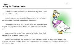 Print <i>A Day for Mother Goose</i> reading comprehension.