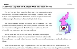 Print <i>Memorial Day for the Korean War in South Korea</i> reading comprehension.