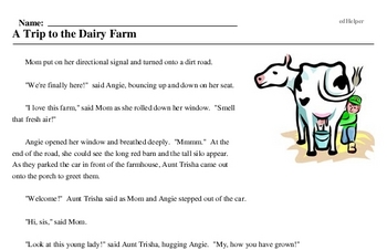 Print <i>A Trip to the Dairy Farm</i> reading comprehension.