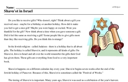 Print <i>Shavu'ot in Israel</i> reading comprehension.
