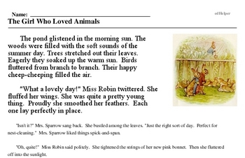 Print <i>The Girl Who Loved Animals</i> reading comprehension.