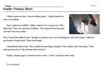 Print <i>Family Violence Hurts</i> reading comprehension.