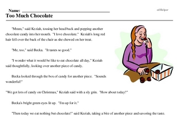 Print <i>Too Much Chocolate</i> reading comprehension.