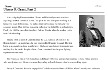 Print <i>Ulysses S. Grant, Part 2</i> reading comprehension.