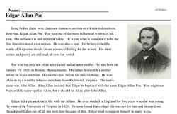 Print <i>Edgar Allan Poe</i> reading comprehension.