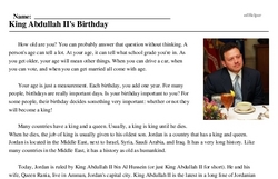 Print <i>King Abdullah II's Birthday</i> reading comprehension.