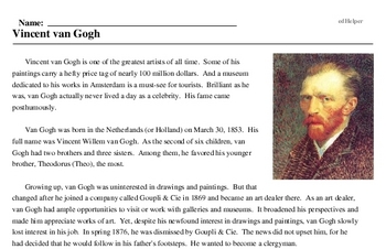 Print <i>Vincent van Gogh</i> reading comprehension.