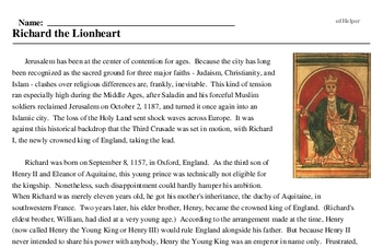 Print <i>Richard the Lionheart</i> reading comprehension.
